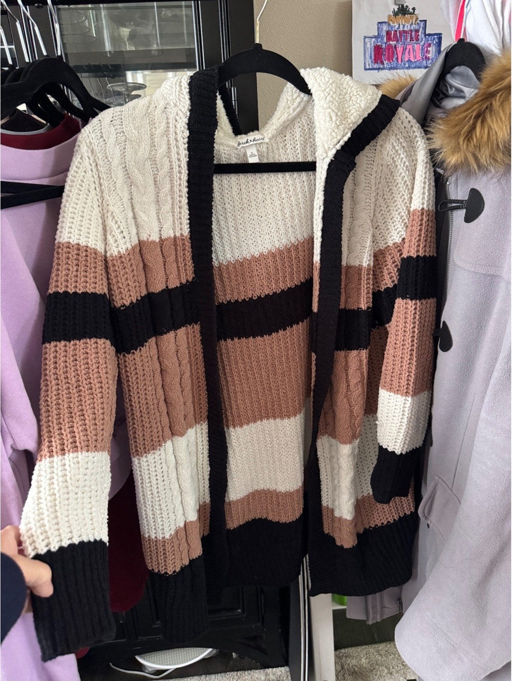 Derek Heart Hooded Knit Cardigan Sweater with Sherpa Lining